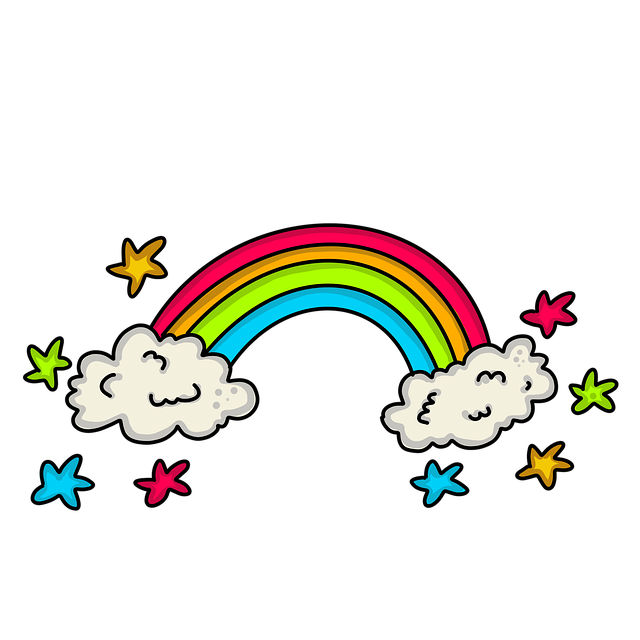 drawing of a rainbow with clouds and stars