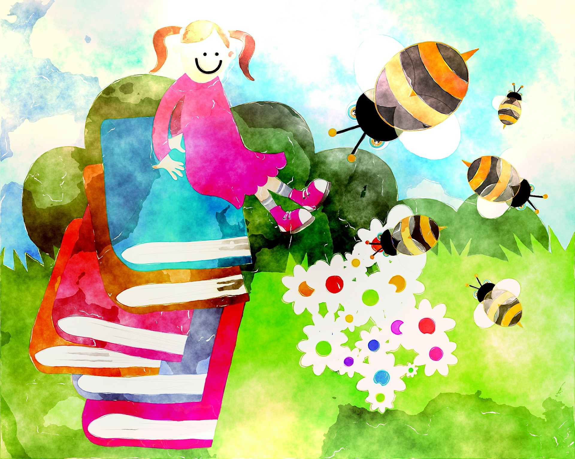 Watercolor style picture of a girl sitting on books with bumblebees.