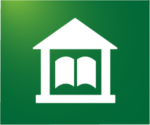 outline of building with open book on green background