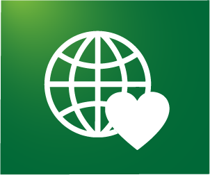 globe outline with heart on green background