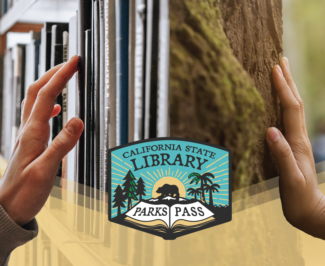 California State Library Parks Pass logo with bear and open books, surrounded by photo of one hand touching a tree and one hand touching books.