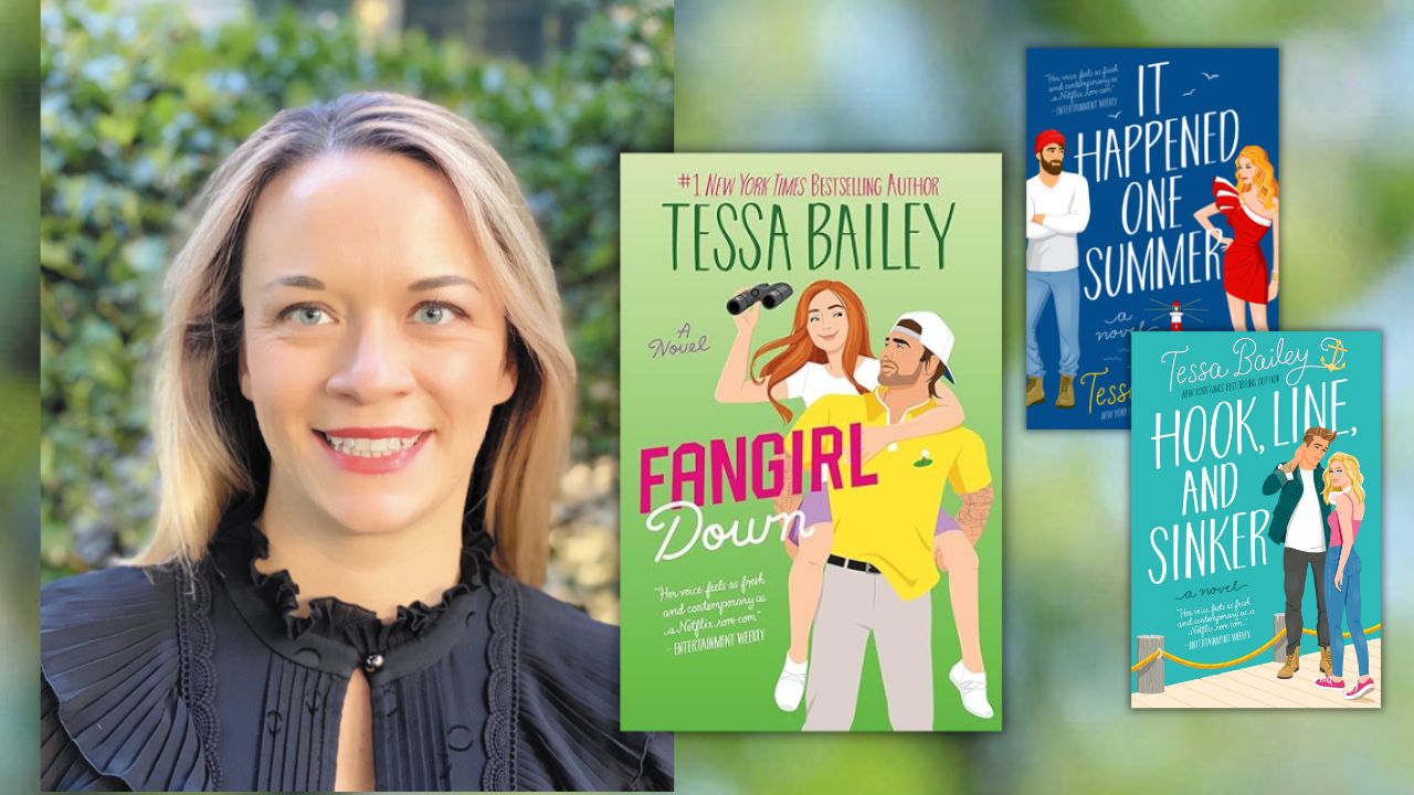 Author Tessa Bailey with her book covers.