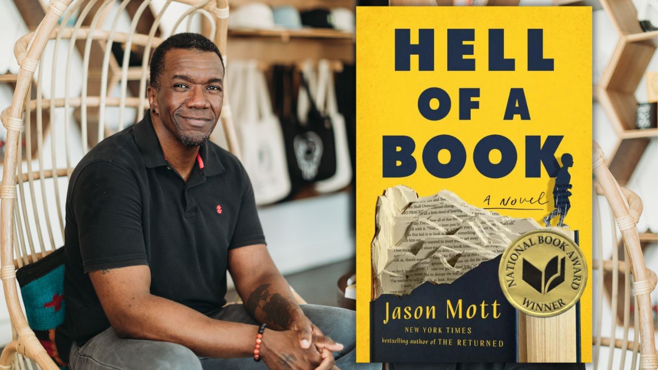 Author Jason Mott with his book "Hell of a Book."