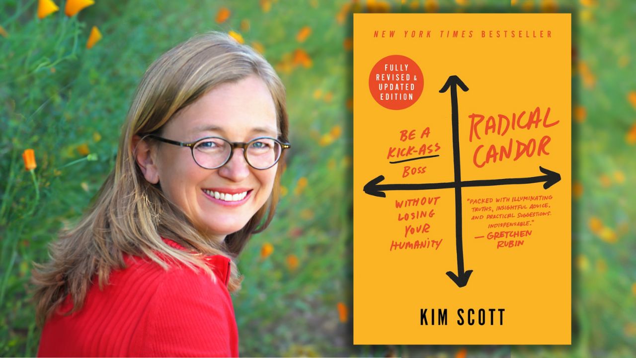 Author Kim Scott with her book "Radical Candor: Be a Kick-Ass Boss."