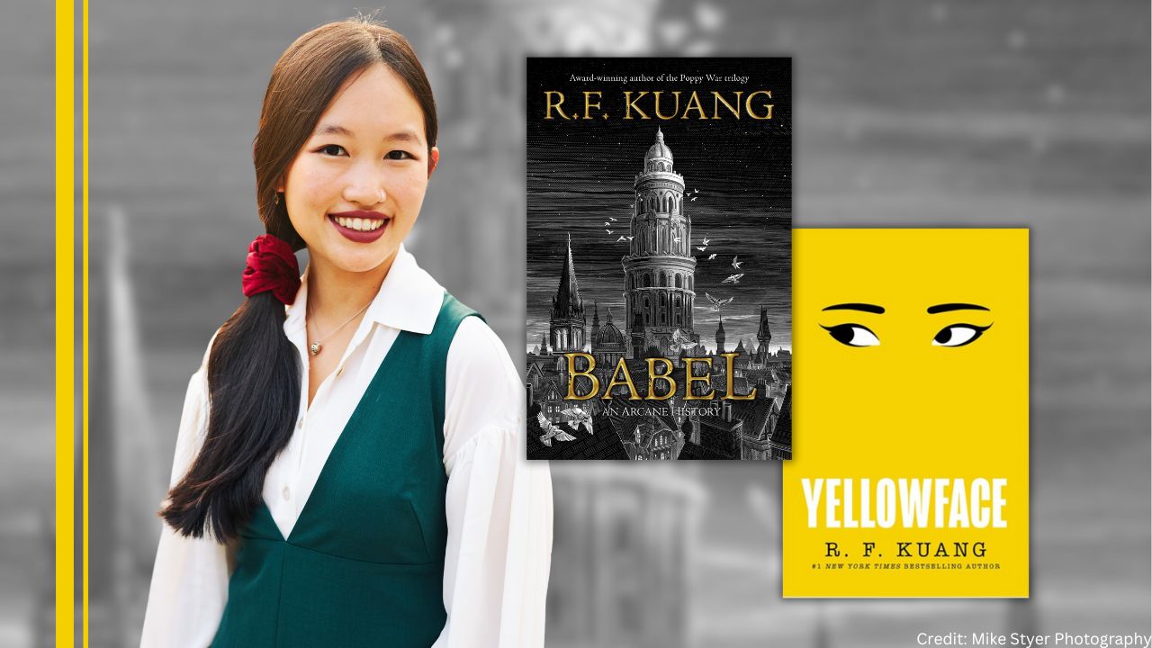 Marketing Image of R. F. Kuang and her book cover "Babel."