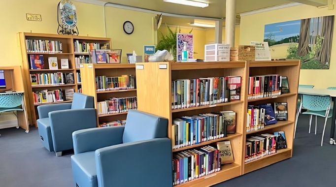 Bookshelves and chairs.