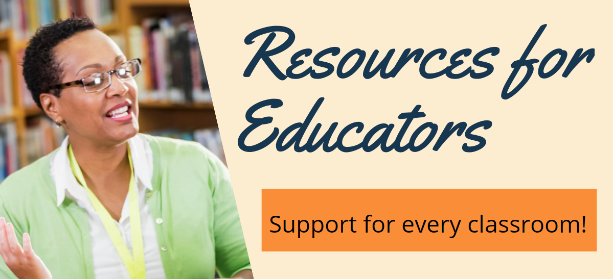 Resources for Educators with teacher speaking in a library.