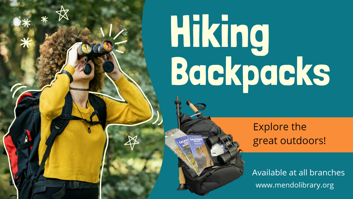 Hiking backpacks; explore the great outdoors! with woman in forest looking through binoculars wearing a backpack.