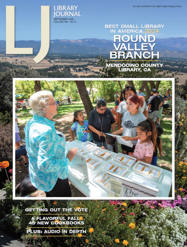 Library journal cover of Round Valley branch named best small library in america 2024.